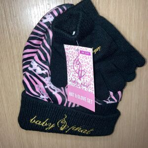 pink and black zebra print New baby phat kids beanie and gloves set Y2K